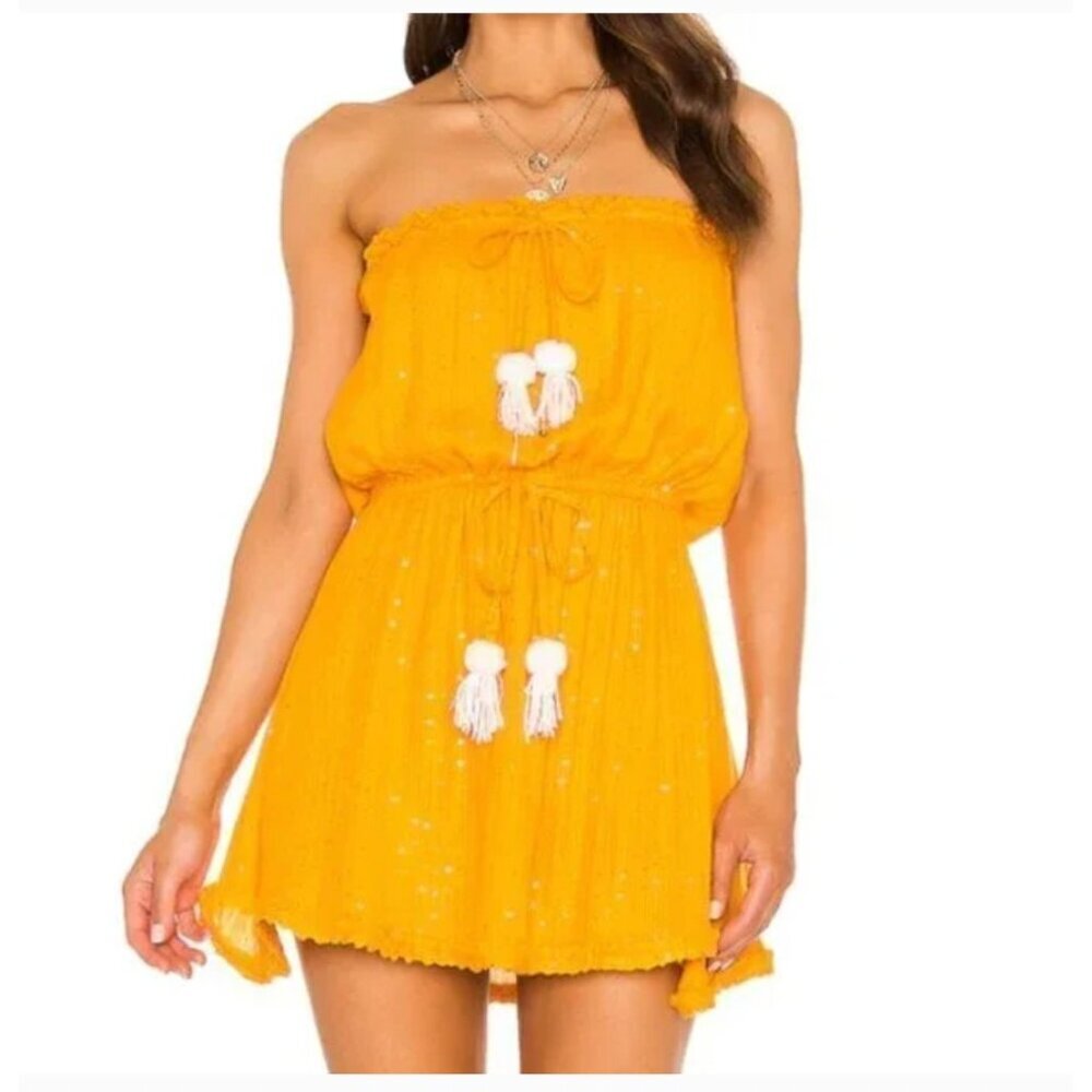 Sundress Anoushka Strapless Dress Womens XS/S Yellow Sequin Tassel Smocked Beach